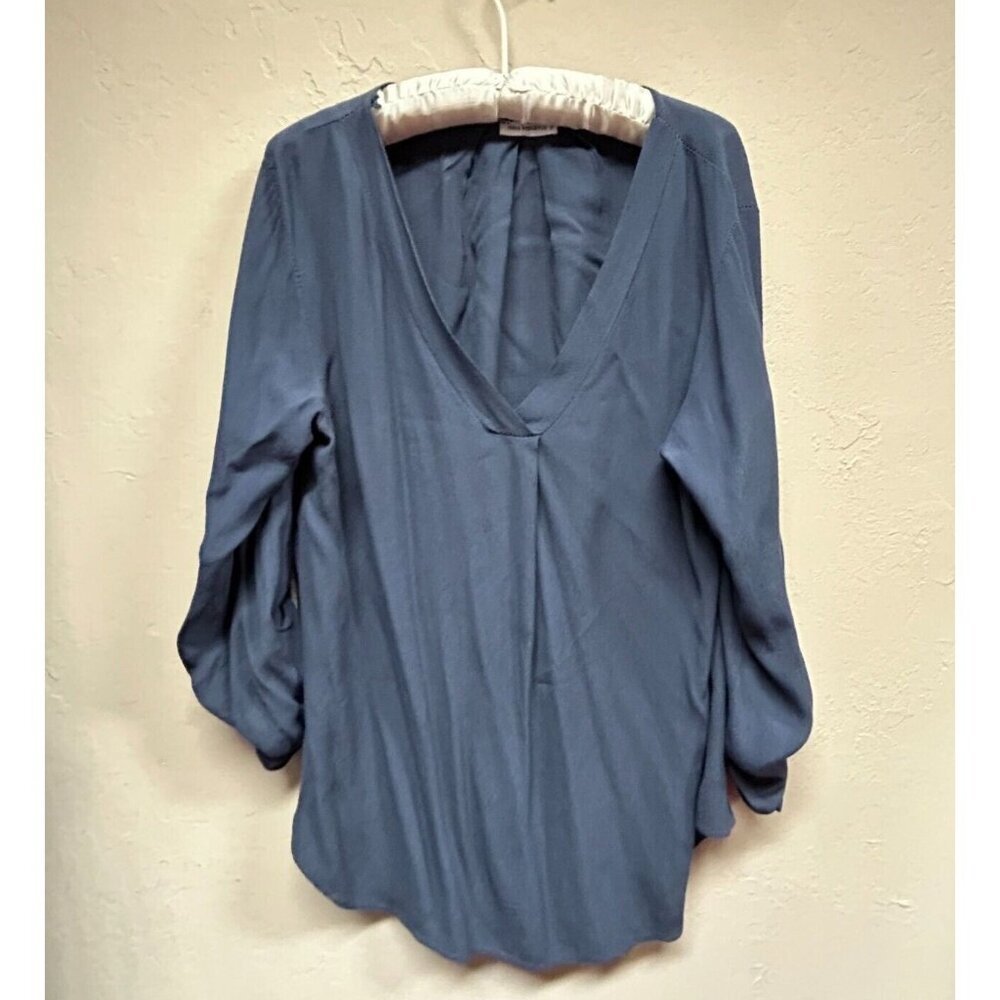 Nina Kendosa Paris Womens V-Neck Chiffon Top Blouse 3/4 Sleeve Blue Viscose